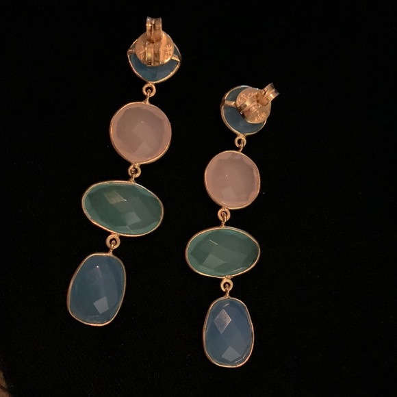 Beautiful Gemstone Dangle Earrings.  Gold four stone dangle earrings. - Picture 7 of 7